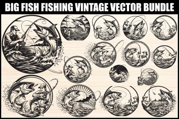 Big Fish Fishing Vintage Vector Bundle: A Graphics Must-Have