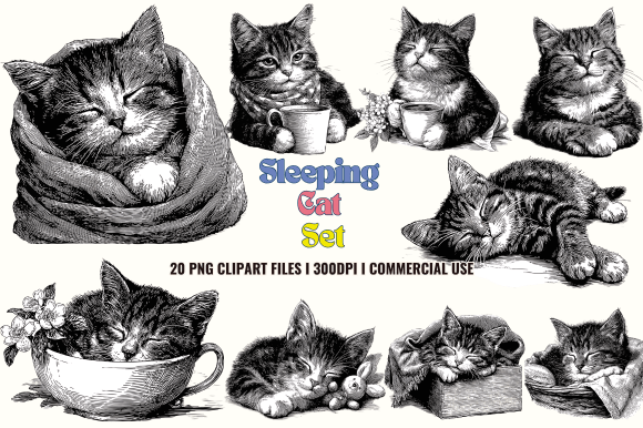 Embrace Cozy Branding with Sleeping Cat Set Graphics