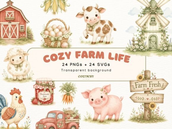 Farm Watercolor Cliparts: Cute Animals Graphics & Illustrations