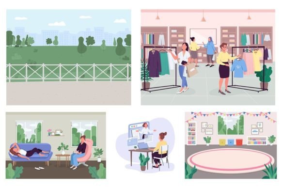 Public Places Color Vector Illustrations: Graphics Review