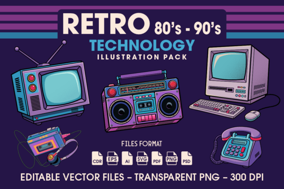 Retro 80s–90s Tech Graphics: A Nostalgic Illustration Pack