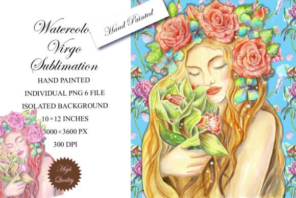 Watercolor Virgo Sublimation PNG: Graphics & Illustrations